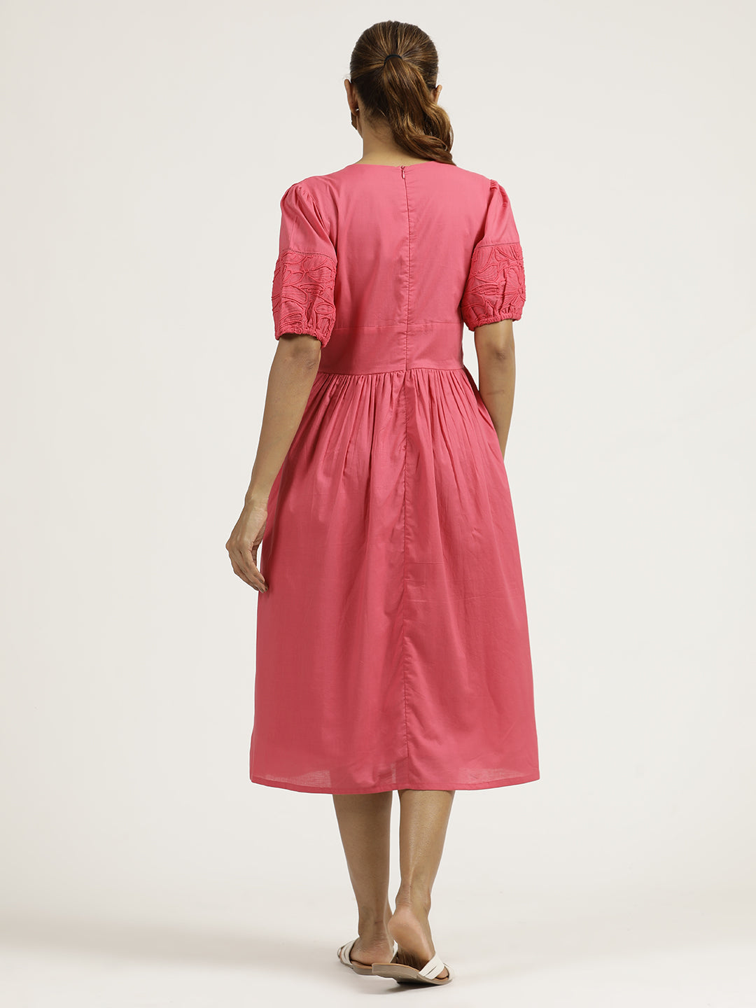 Pink Dori Embroidered Gathered Cotton Dress