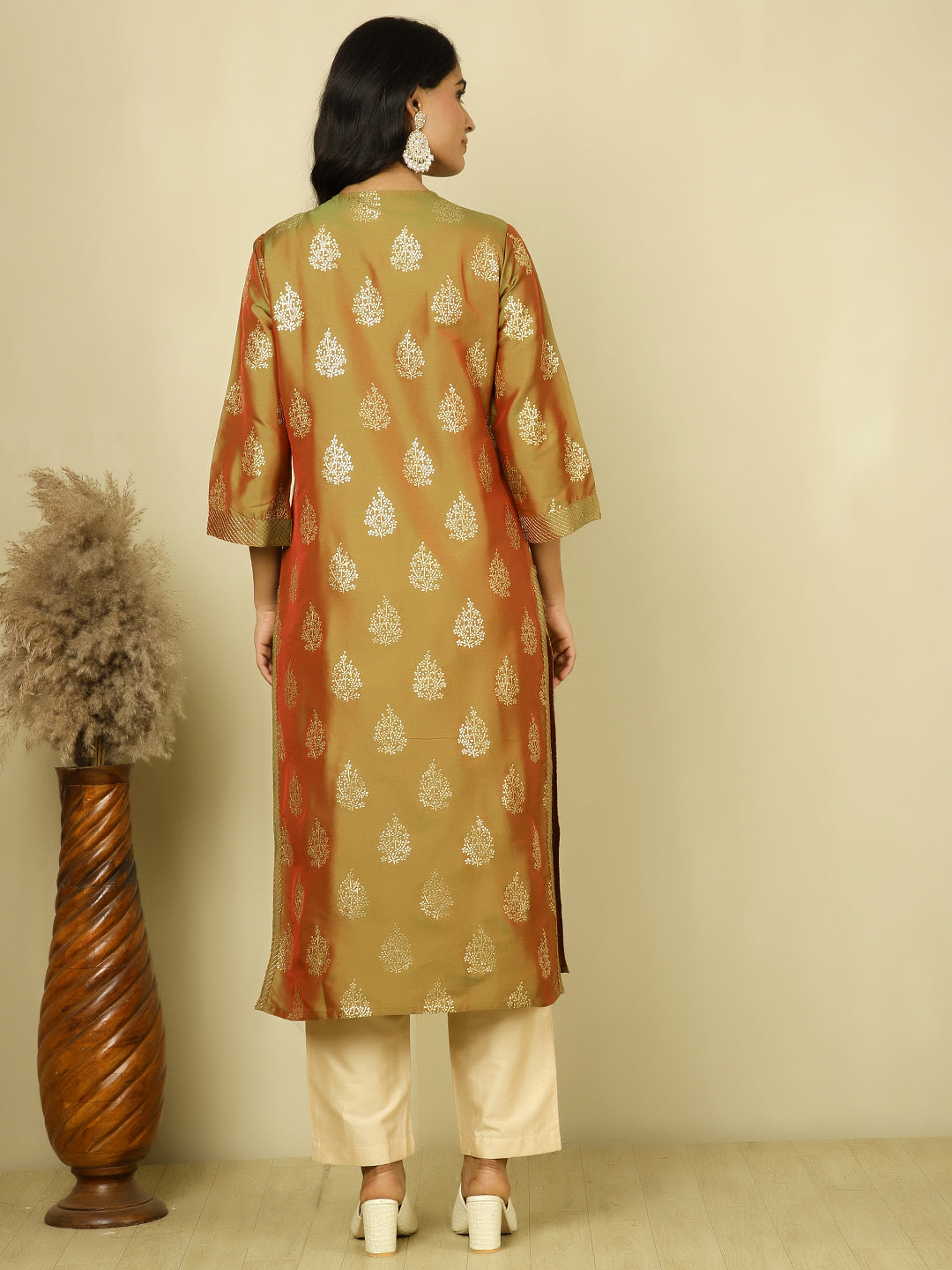 Olive Green Ethnic Printed Straight Kurta