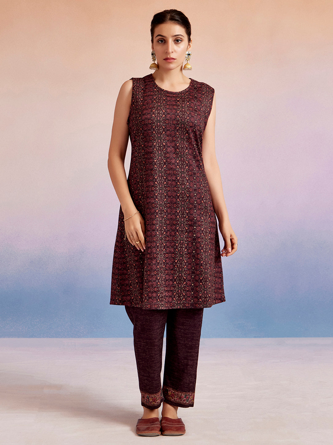 Wine Color Woolen Ethnic Printed Co-ord Set