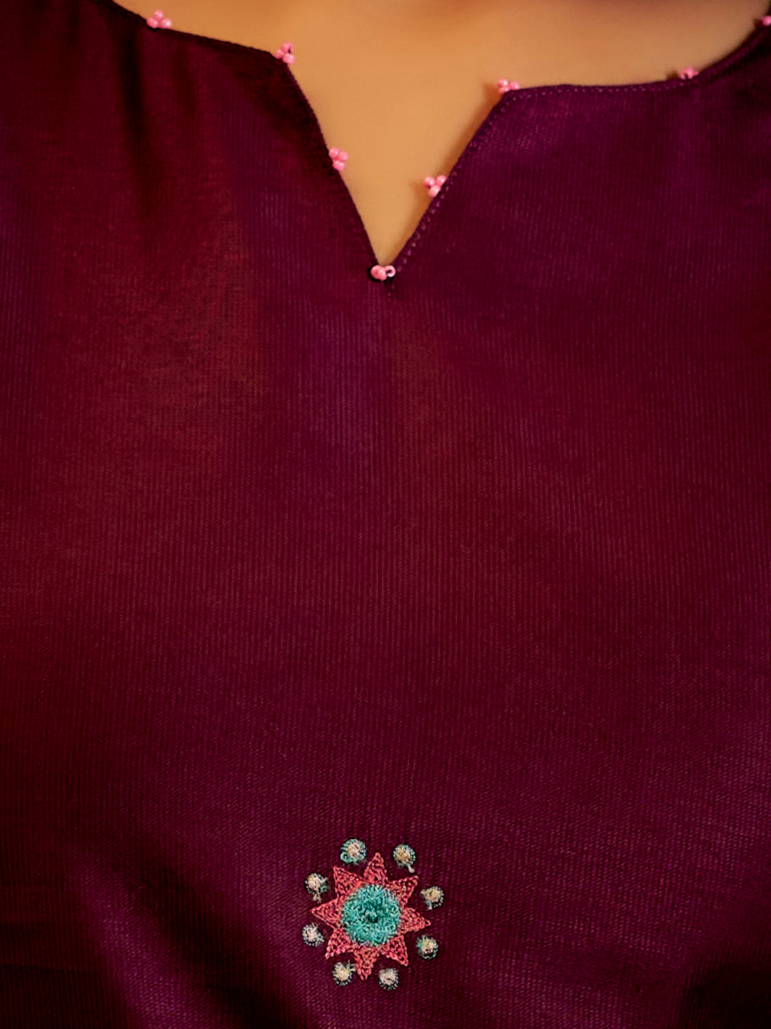 Burgundy Self Woven Embroidered Straight Kurta