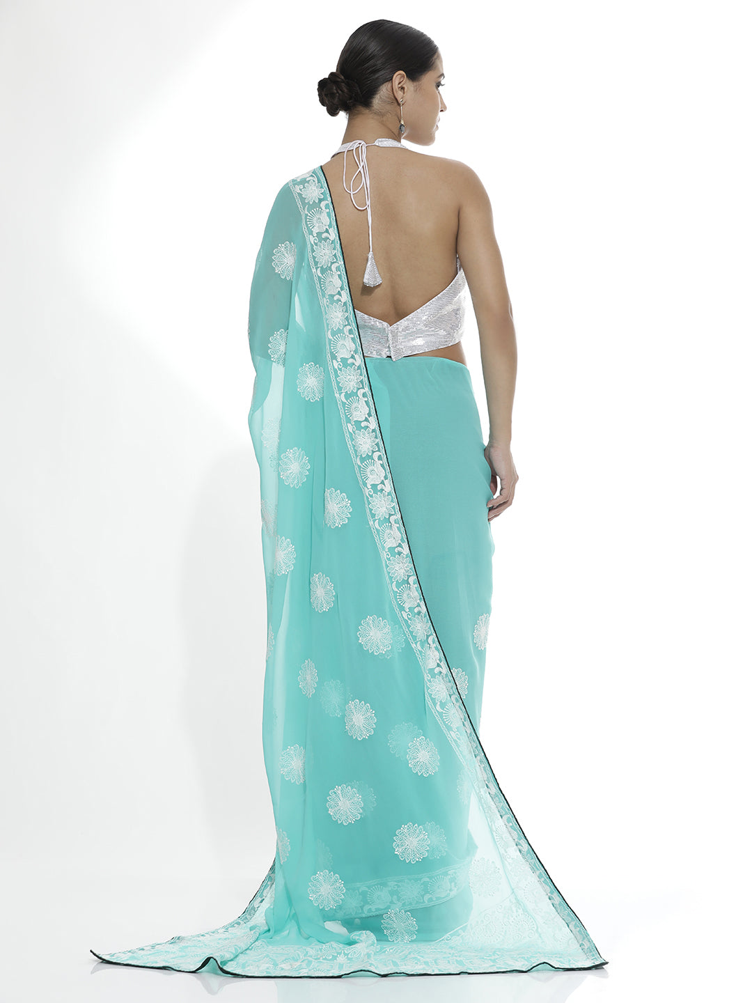 Traditional Sea Green Embroidered Pure Georgette Saree