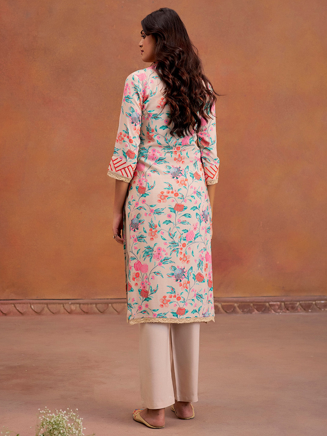 Beige Embroidered Tropical Printed Straight Kurta