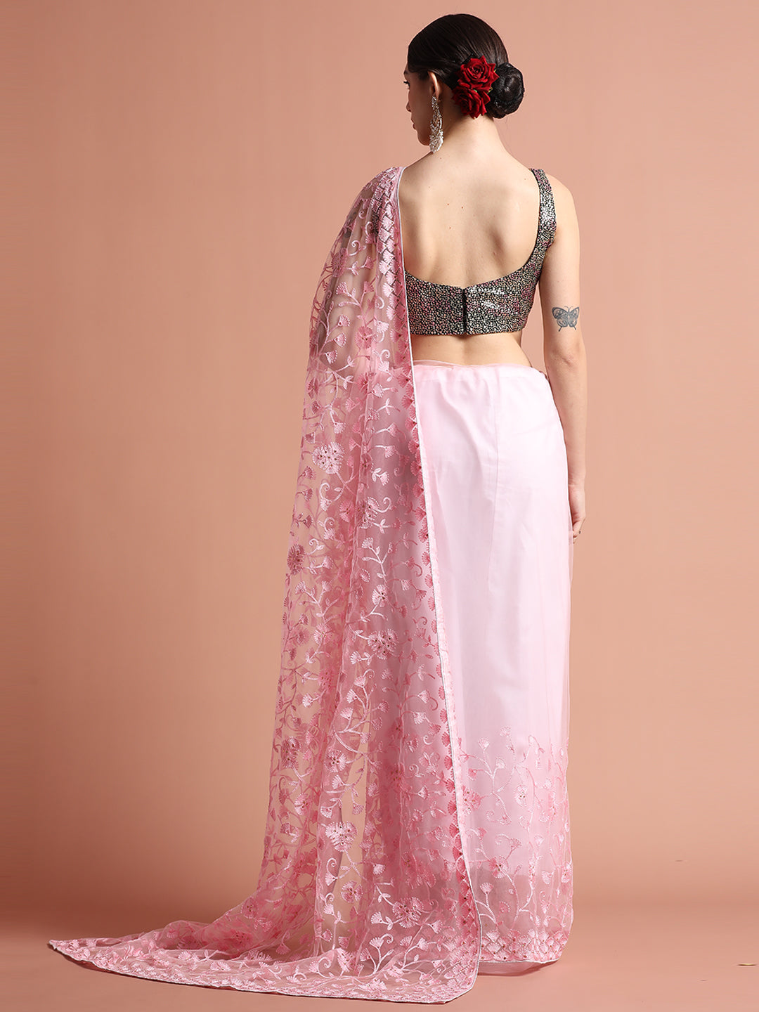 Baby Pink Party Wear Floral Embroidered Net Saree