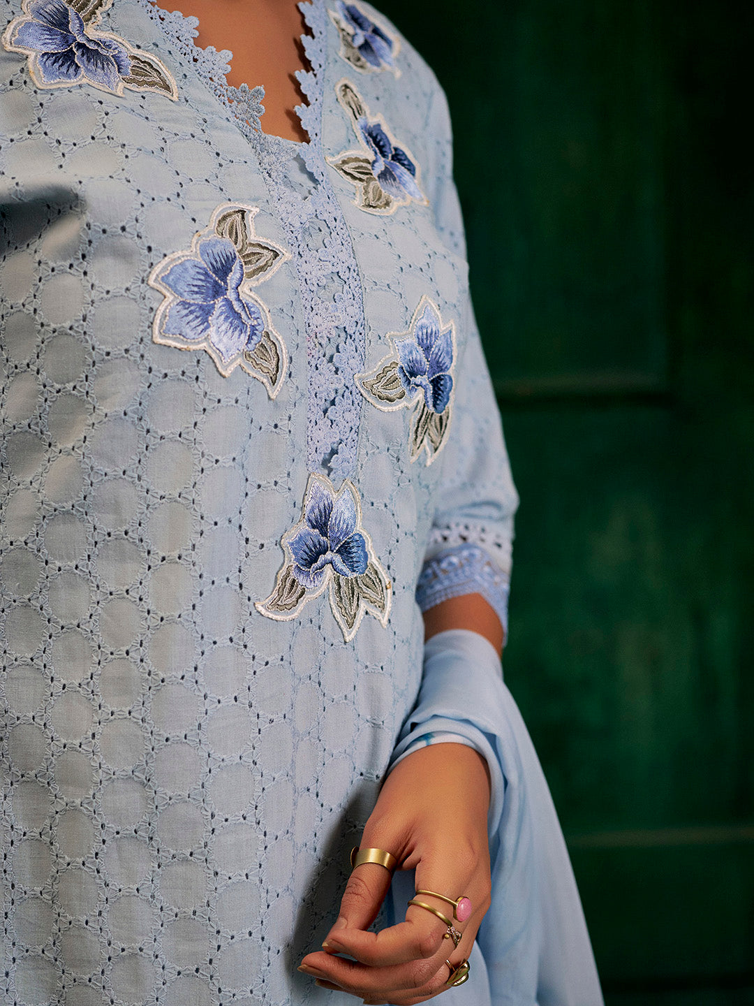 Blue Embroidered Cotton Schiffli Kurta Set With Dupatta