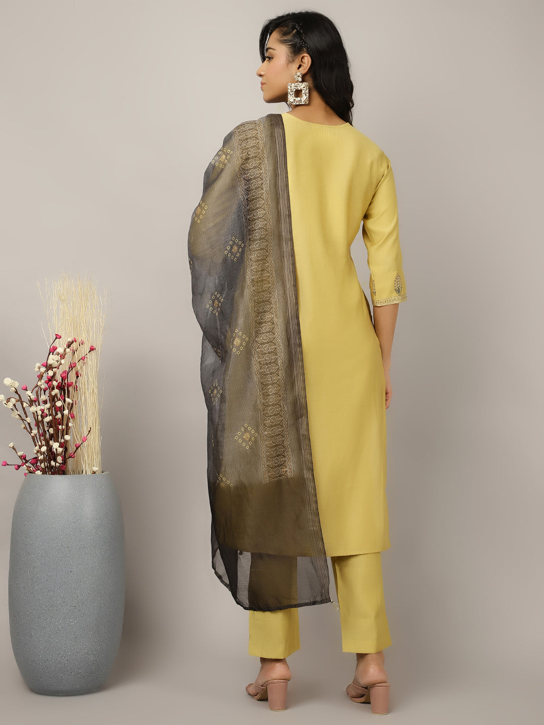 Silk Blend Yellow Embroidered Suit Set