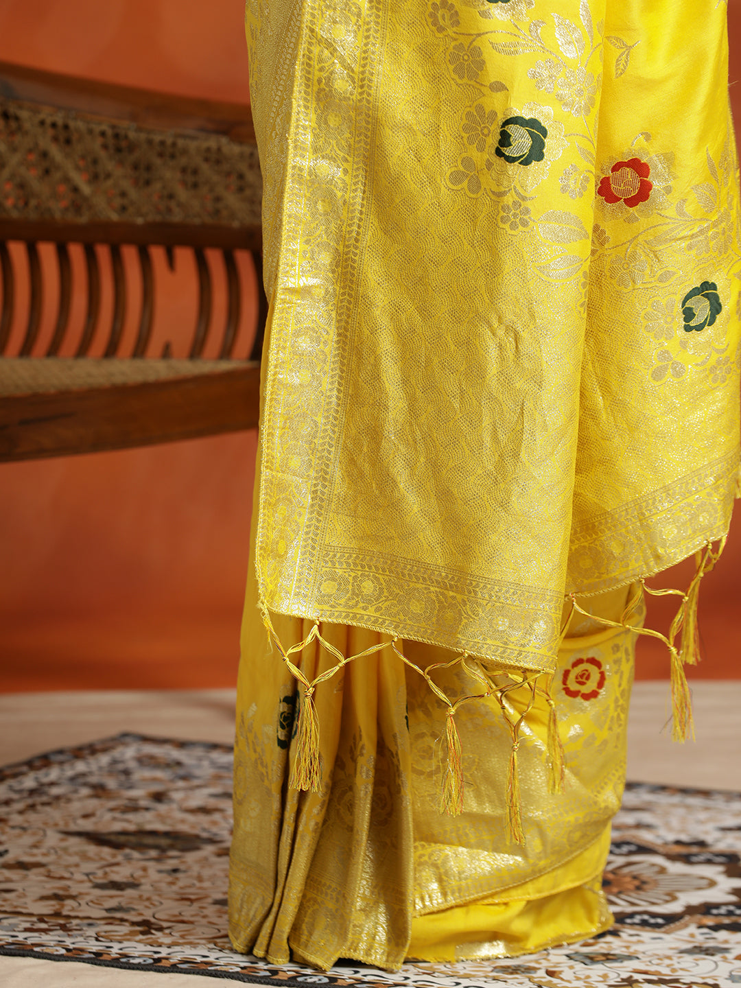 Yellow Silk Banarasi Floral Zari Woven Design Heavy Saree