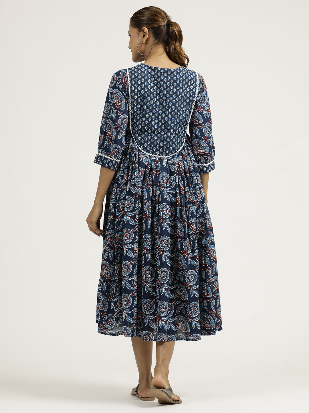 Indigo Blue Ethnic Mirror Work Gathered Dress