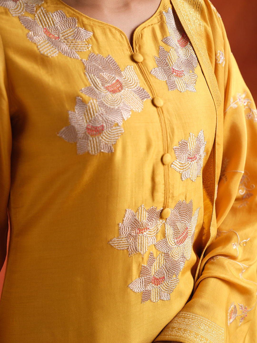 Mustard Hand Embroidered Festive Kurta Set With Dupatta