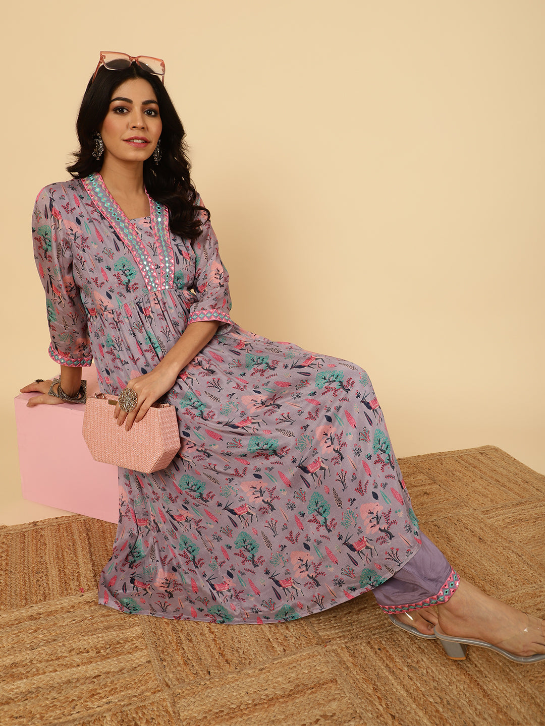 Lavender Mirror Embroidered Festive Kurta Set