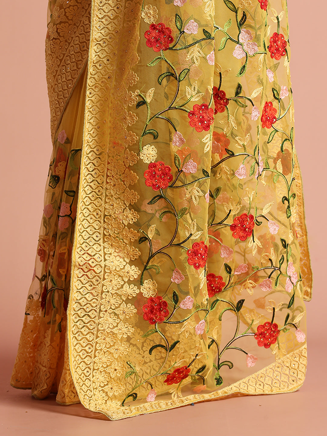 Yellow Heavy Floral Embroidered Net Party Wear Saree