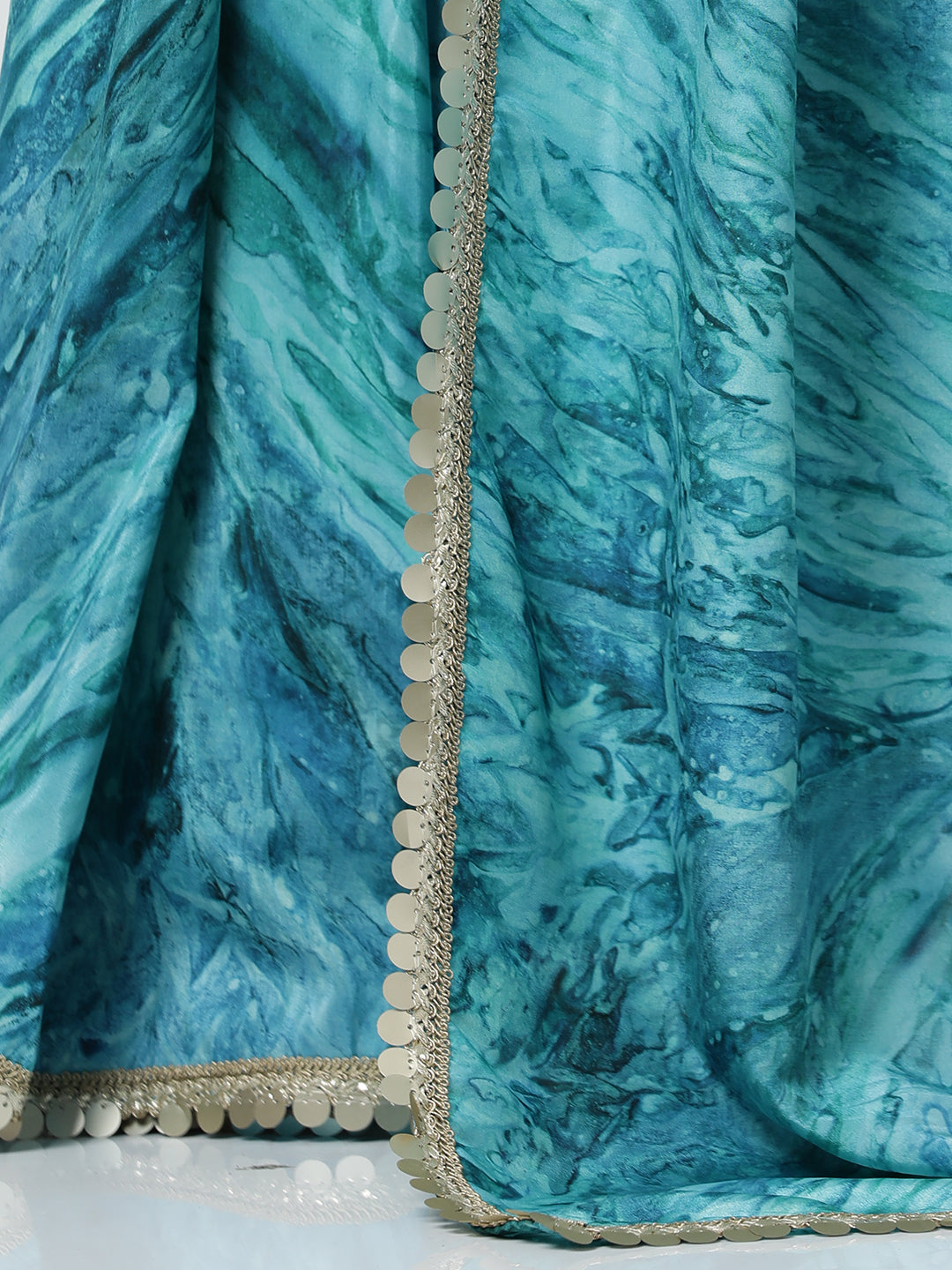 Aqua Blue Embellished Satin Tie-Dye Saree