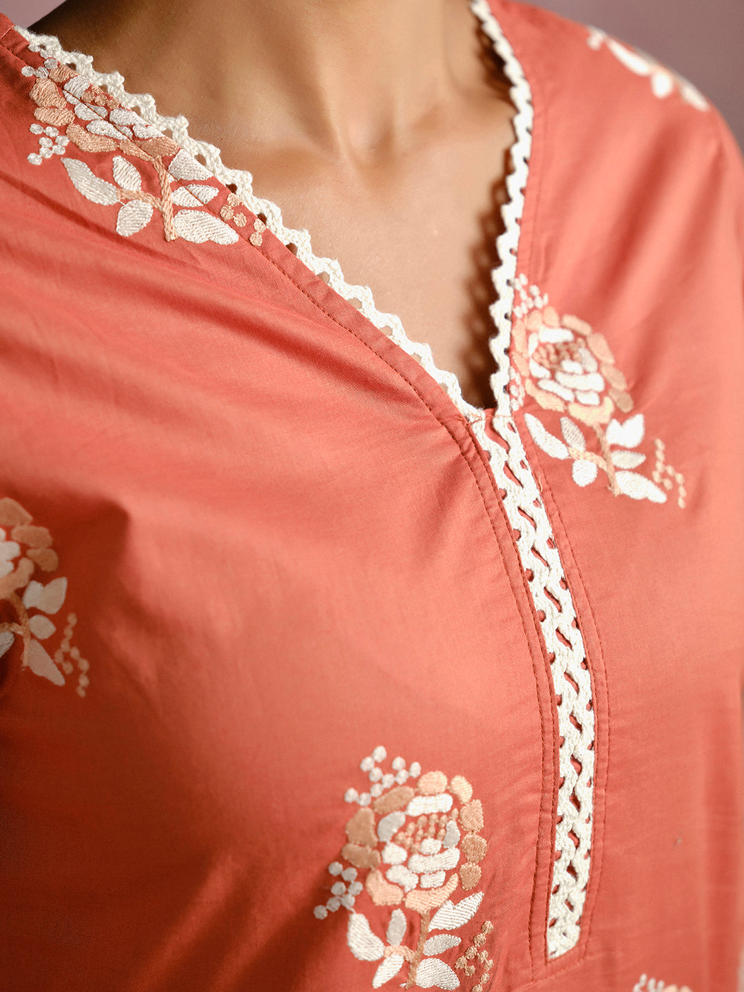 Rust Thread Embroidered Cotton Kurta Set With Dupatta