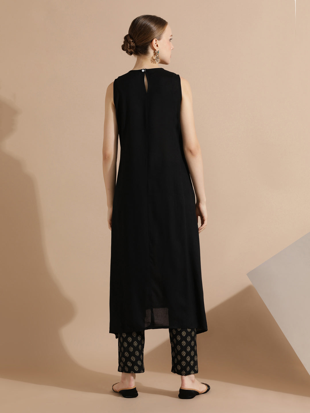 Black Rayon Kurta With Printed Pants