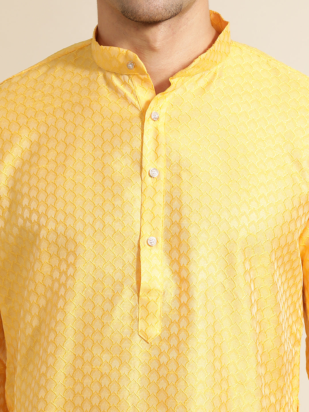 Yellow Silk Blend Kurta With Woven Design Nehru Jacket Set