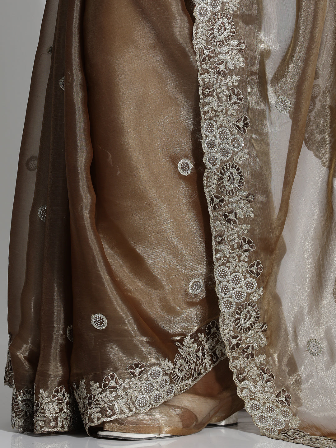 Party Wear Embroidered Tissue Brown Saree