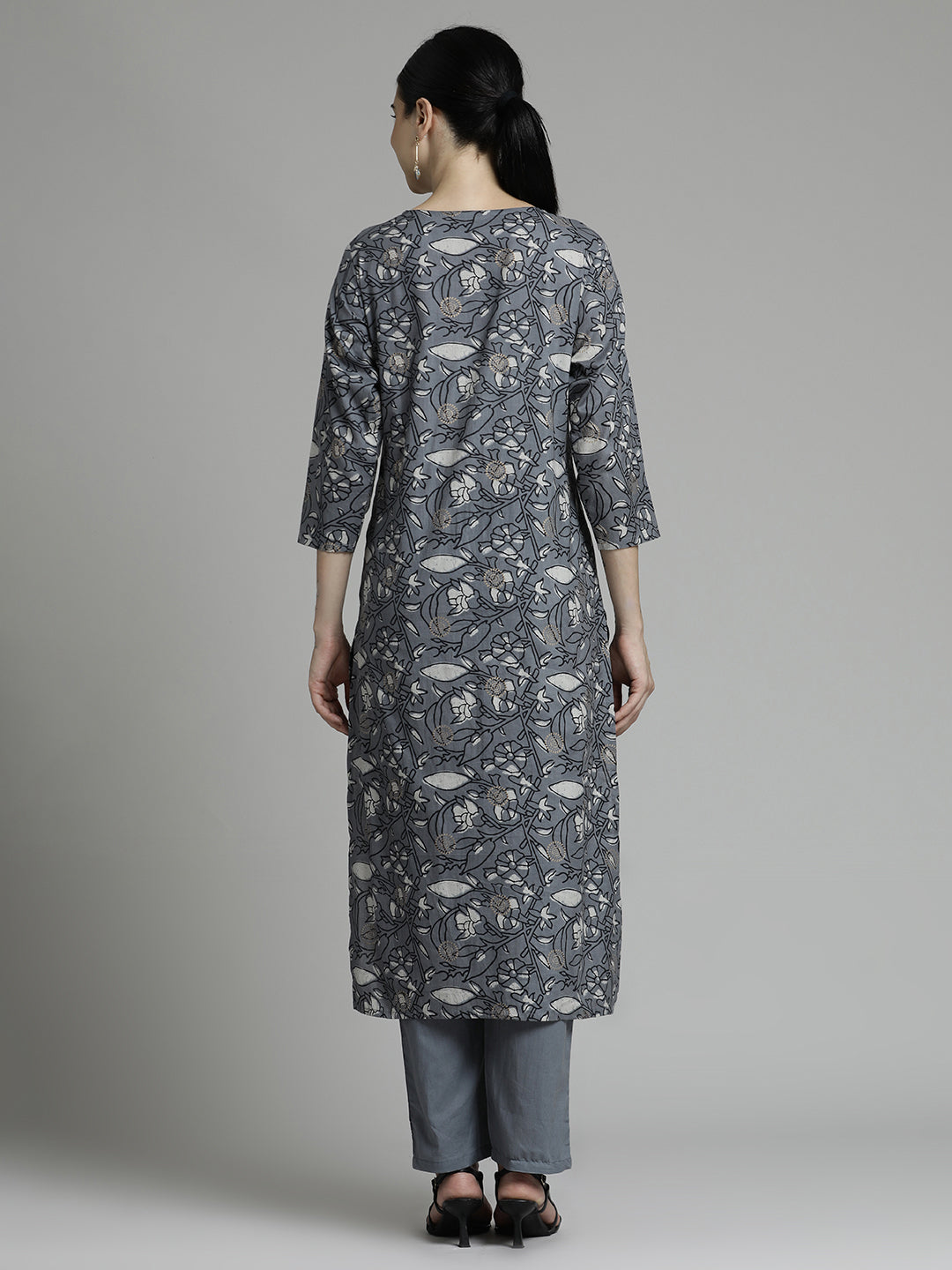 Grey Ethnic Printed Kurta Set With Tie-Dye Dupatta