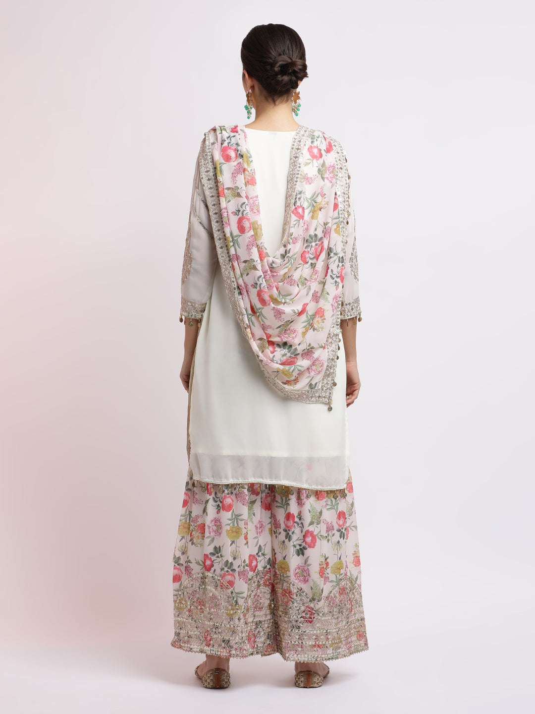 White Zari Embroidered Kurta With Floral Sharara And Dupatta