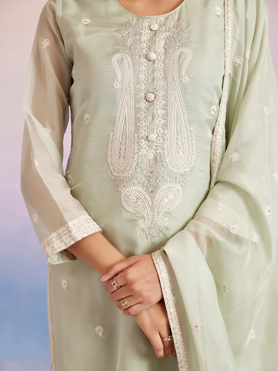 Light Green Dori Embroidered Festive Kurta Set With Dupatta