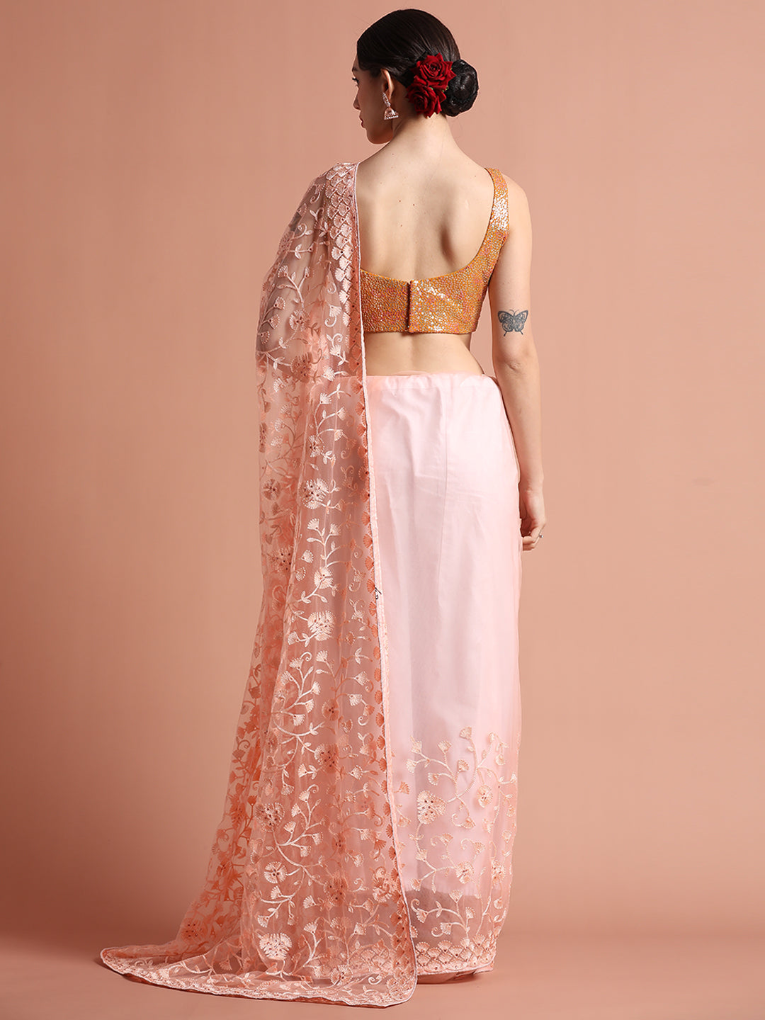 Peach Party Wear Floral Embroidered Net Saree