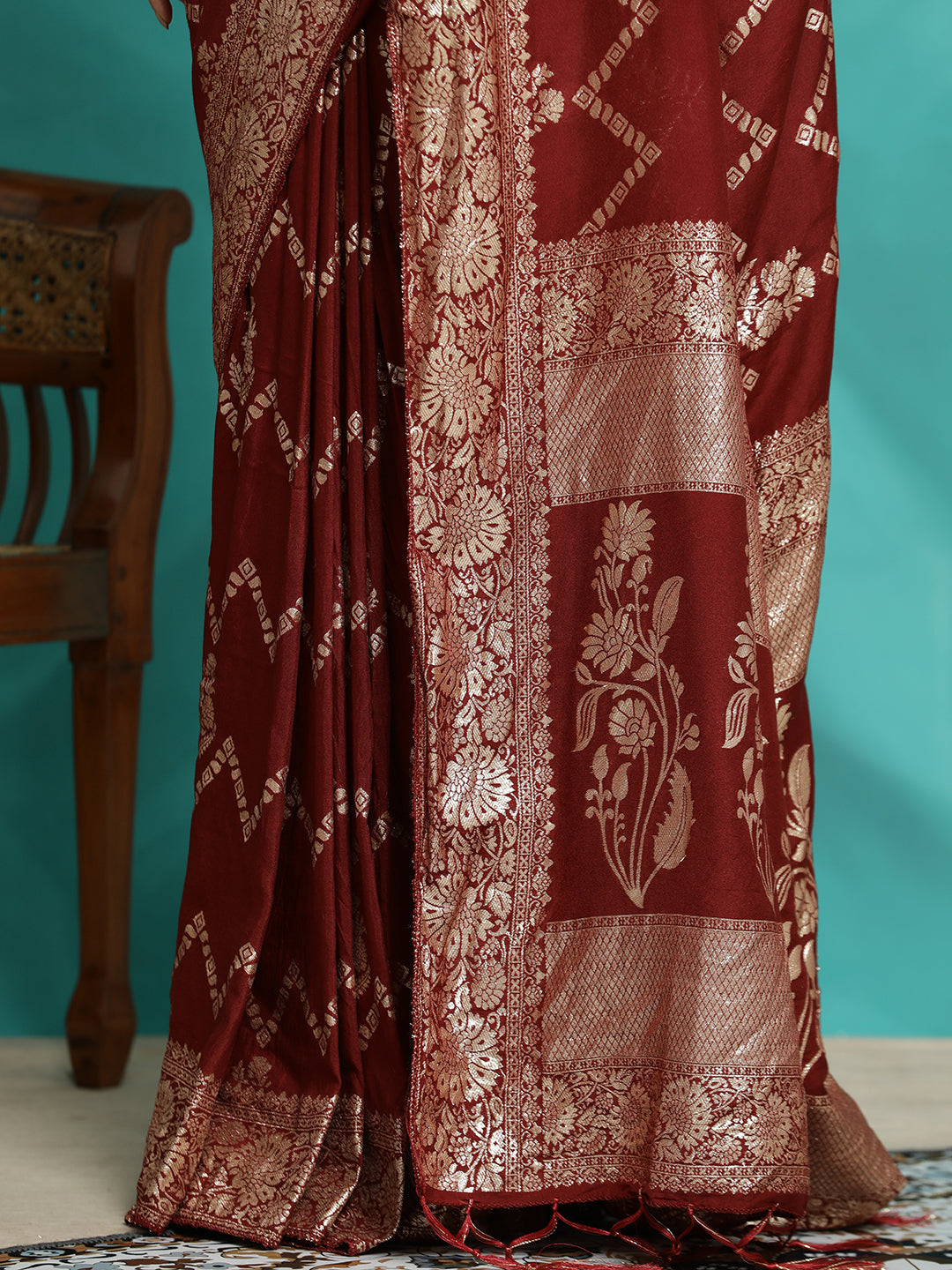 Maroon Heavy Banarasi Zari Woven Silk Blend Saree