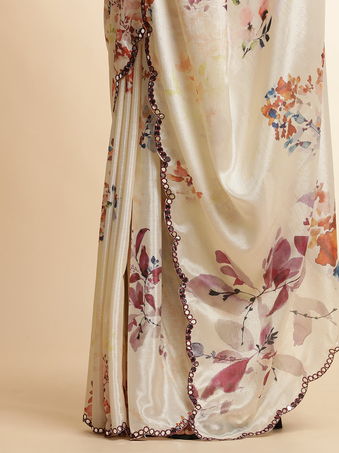 Cream Floral Printed Mirror Work Satin Saree