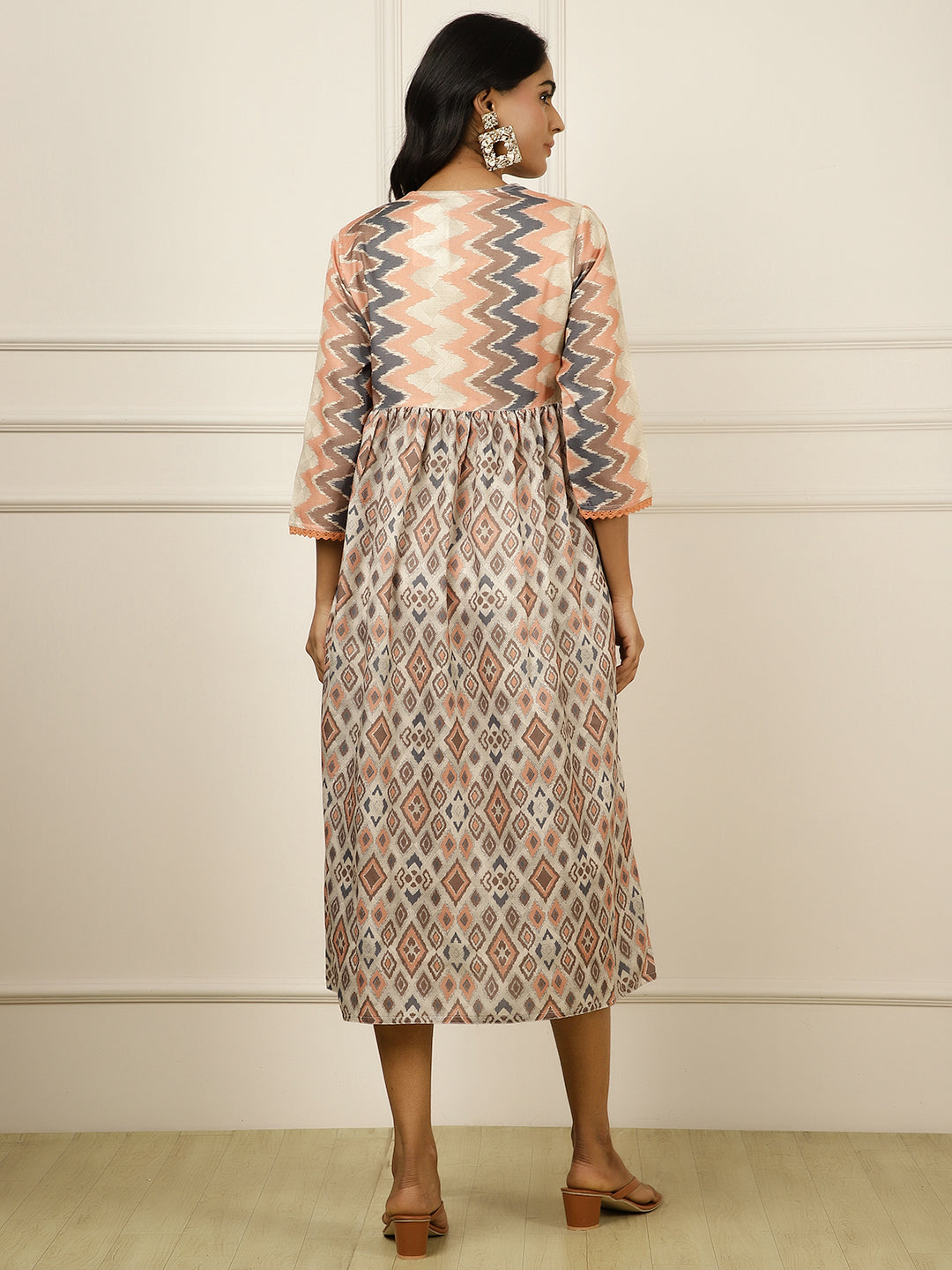 Peach Geometric Printed Gathered Dress