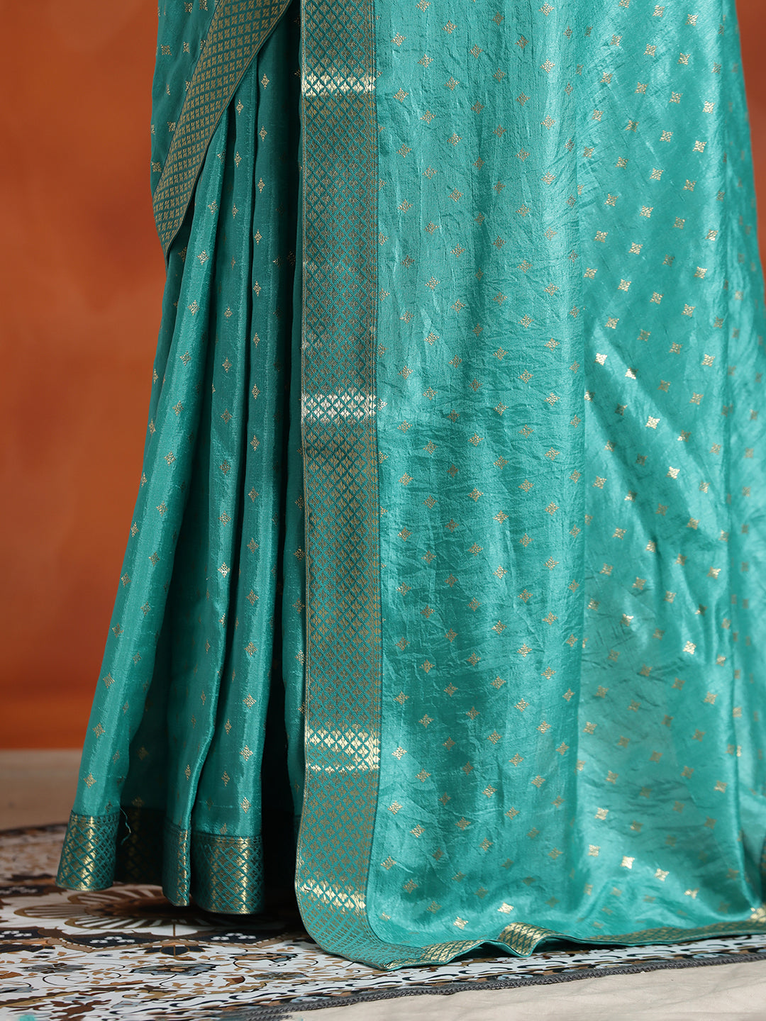 Sea Green Silk Blend Floral Zari Woven Heavy Saree