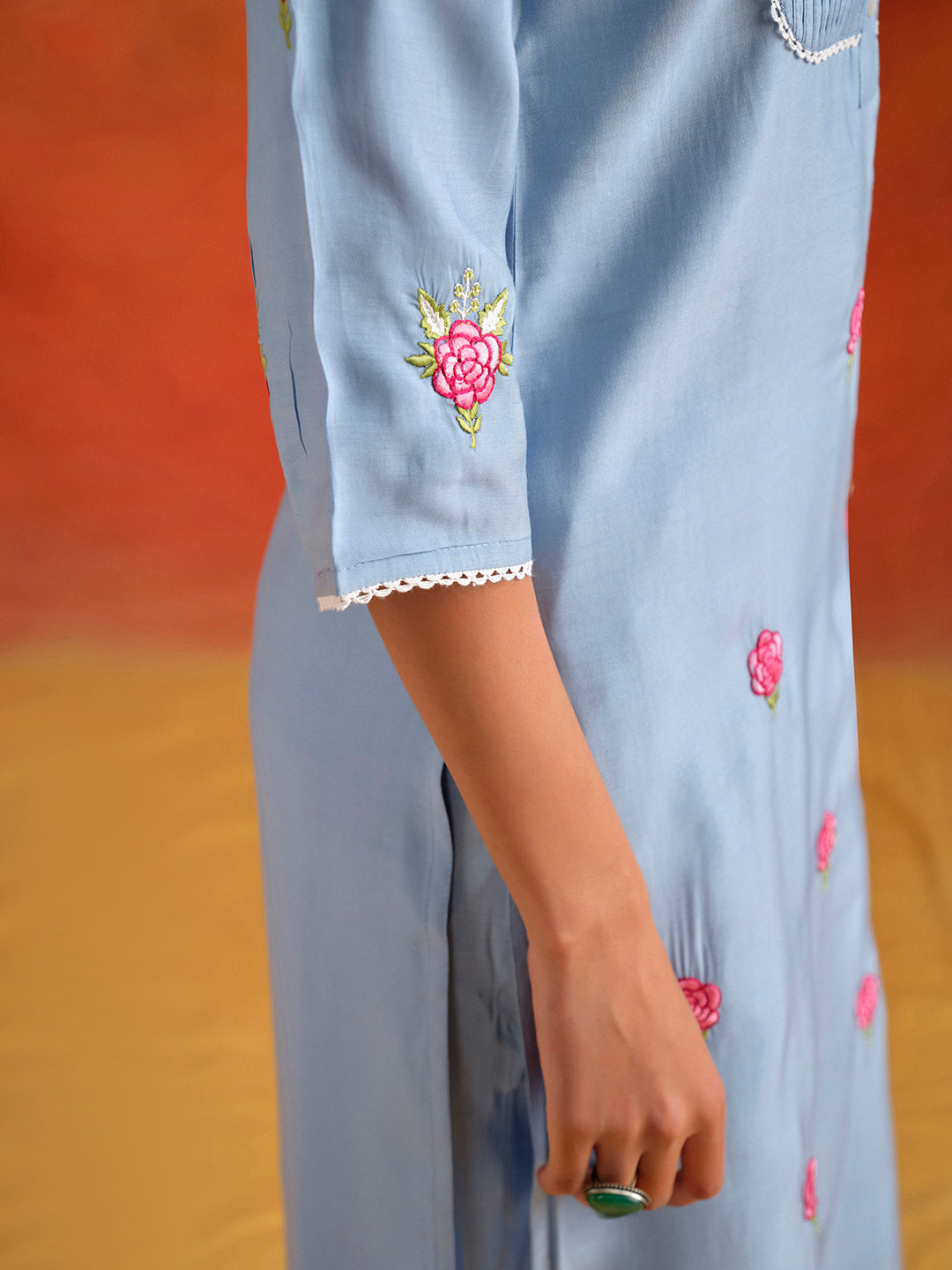 Blue Embroidered Viscose Chanderi Festive Kurta Set