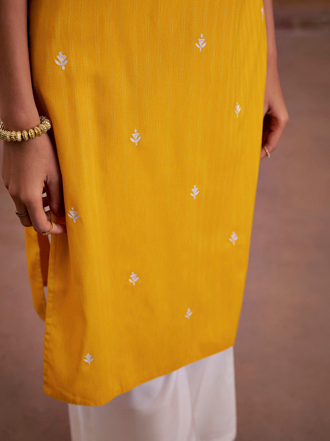 Mustard Self Woven Embroidered Straight Kurta