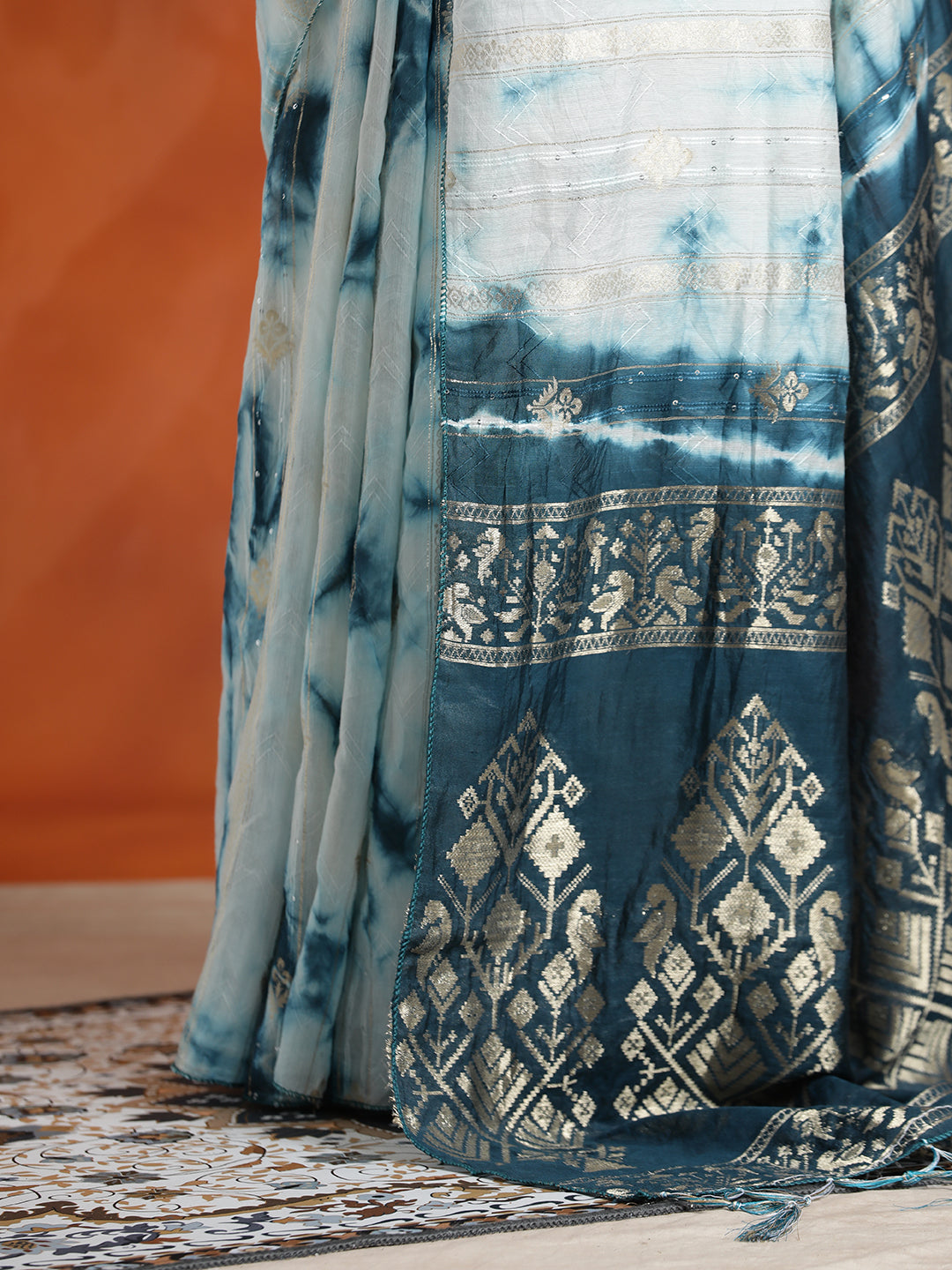 Teal Banarasi Zari Woven Cotton Blend Saree