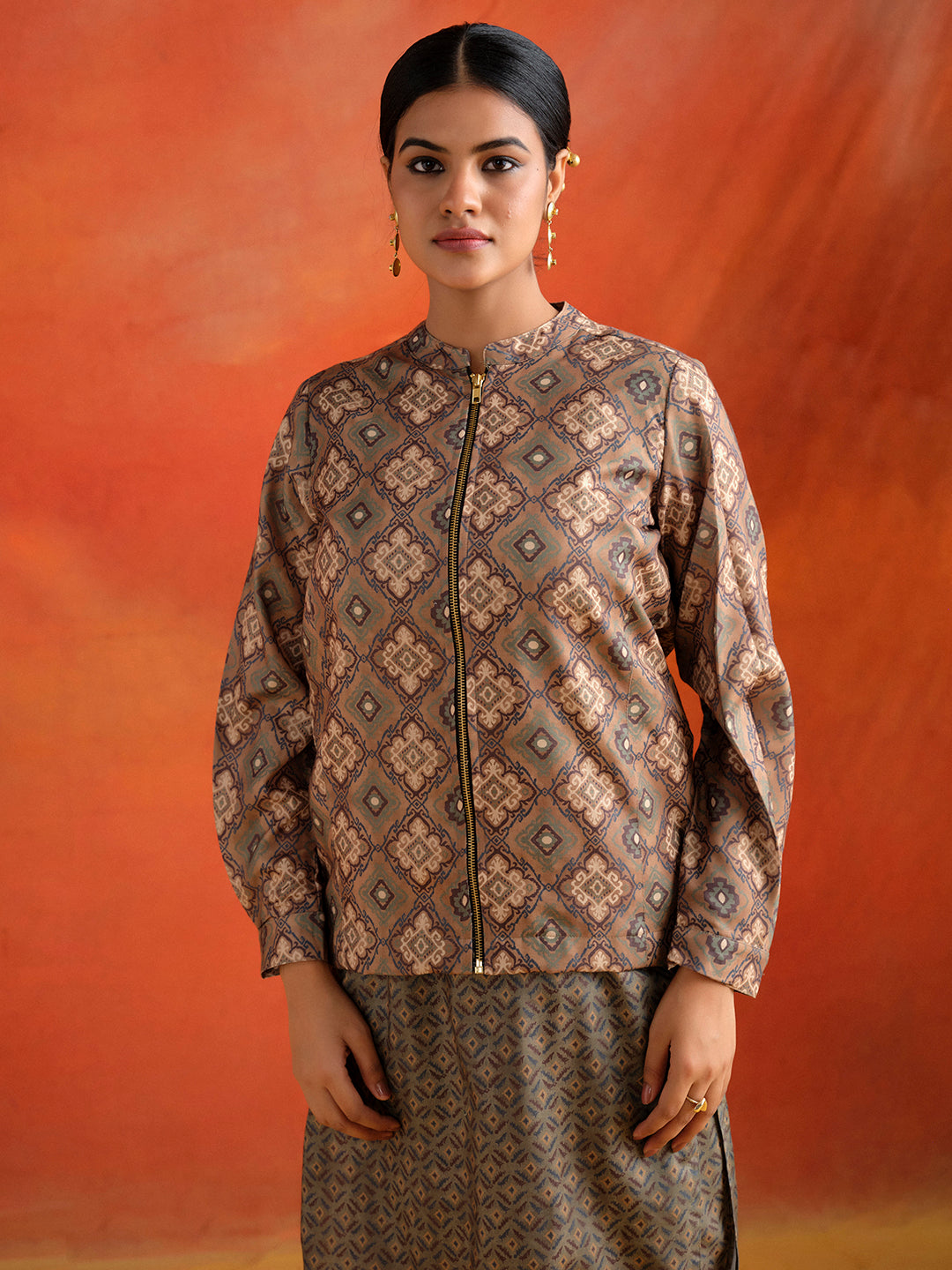 Olive Green Geometric Printed Kurta Set With Jacket Co-ord Set