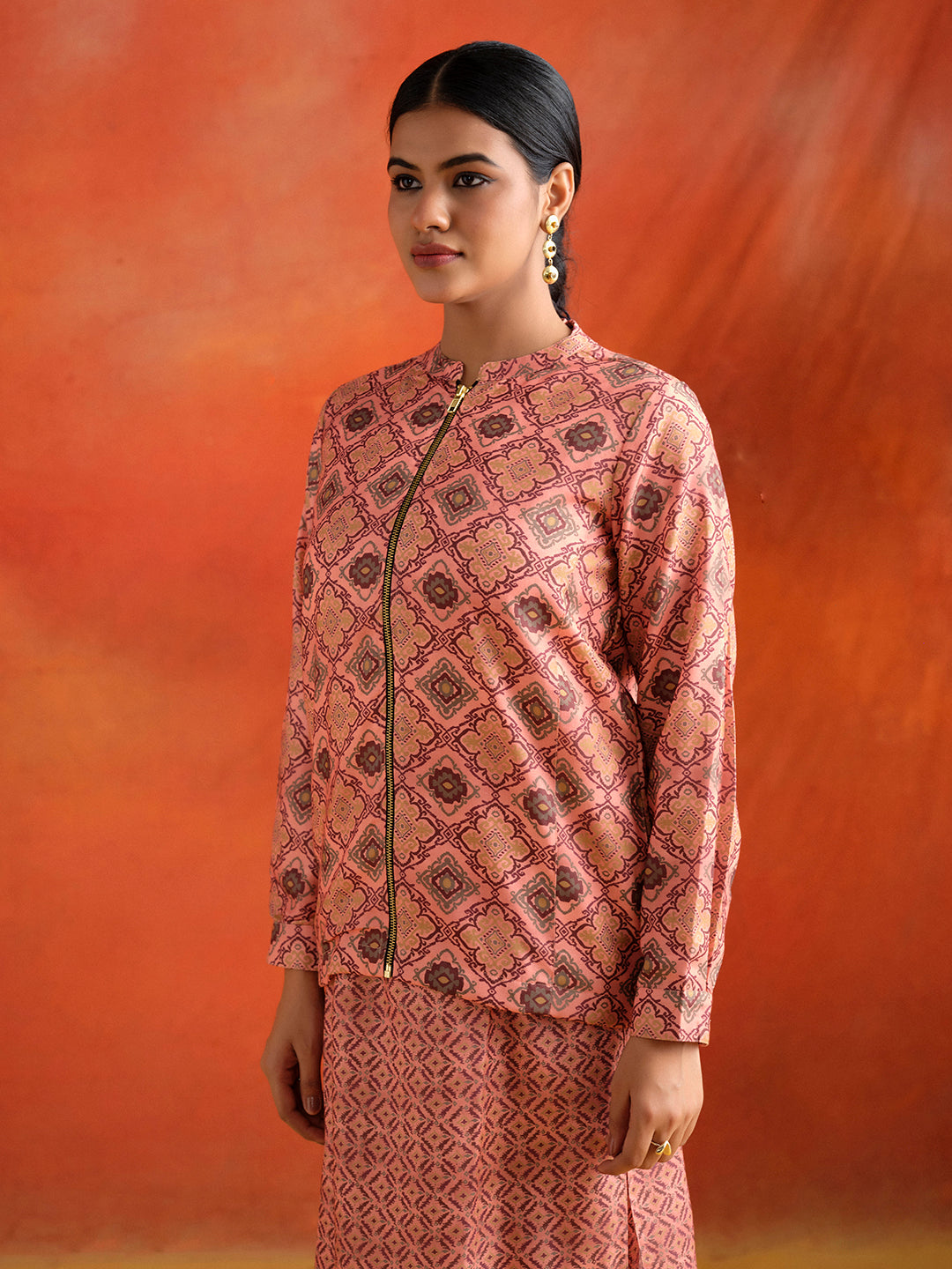 Dusty Peach Geometric Printed Kurta Set With Jacket Co-ord Set