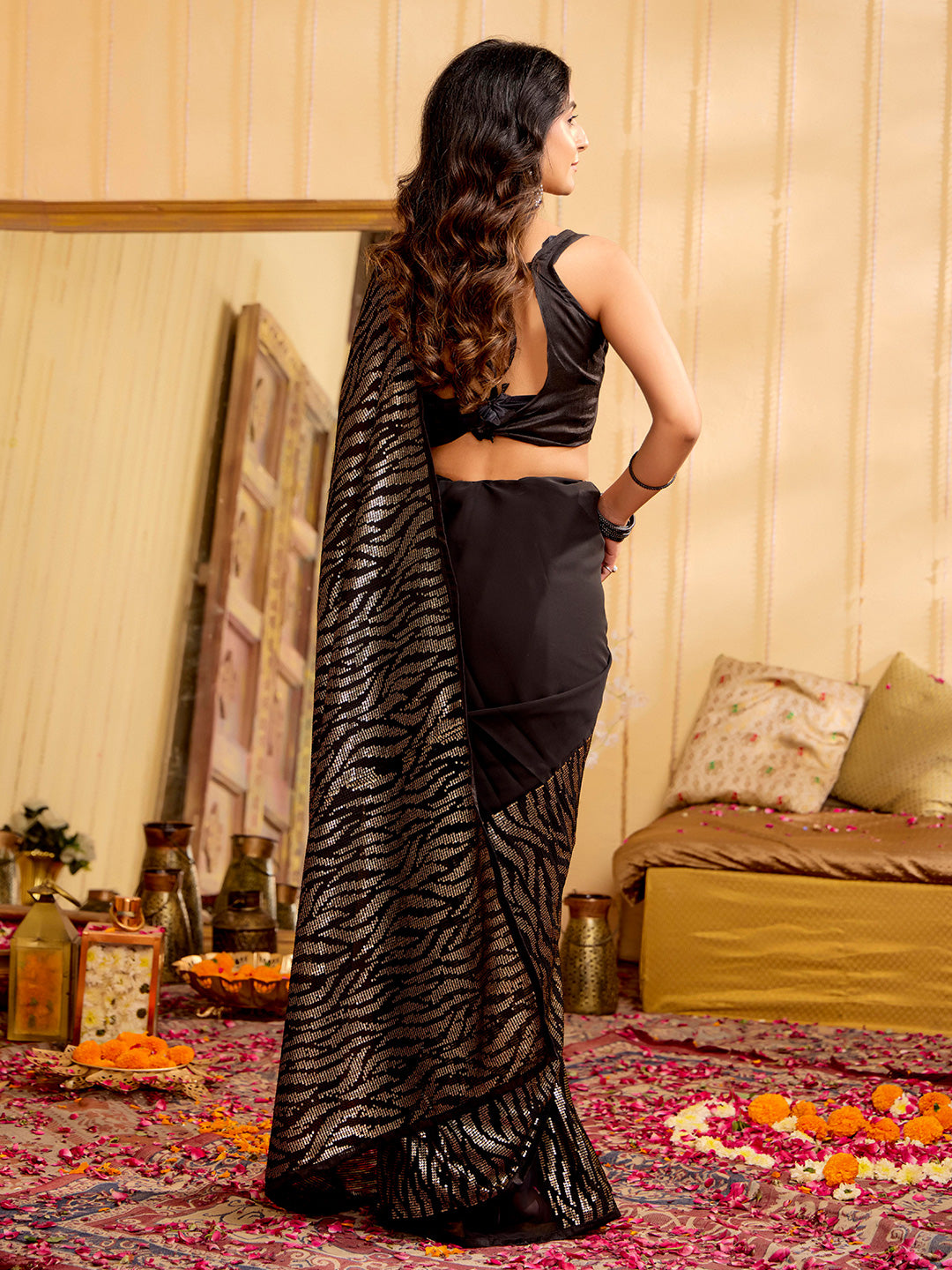 Pure Georgette Sequins Party Wear Black Saree