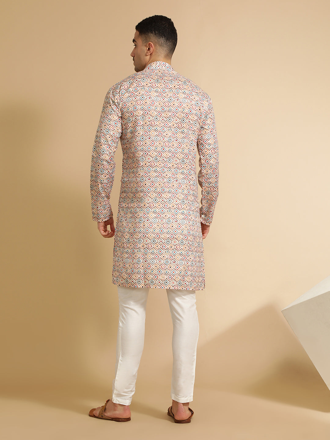 Geometric Printed Beige Cotton Kurta for Men