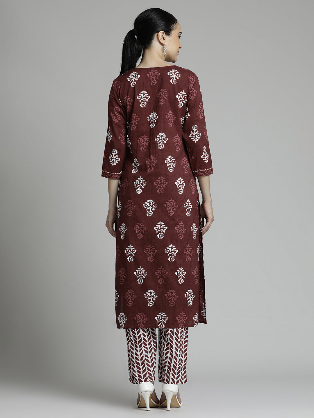 Wine Ethnic Motif Printed Pure Cotton Suit Set