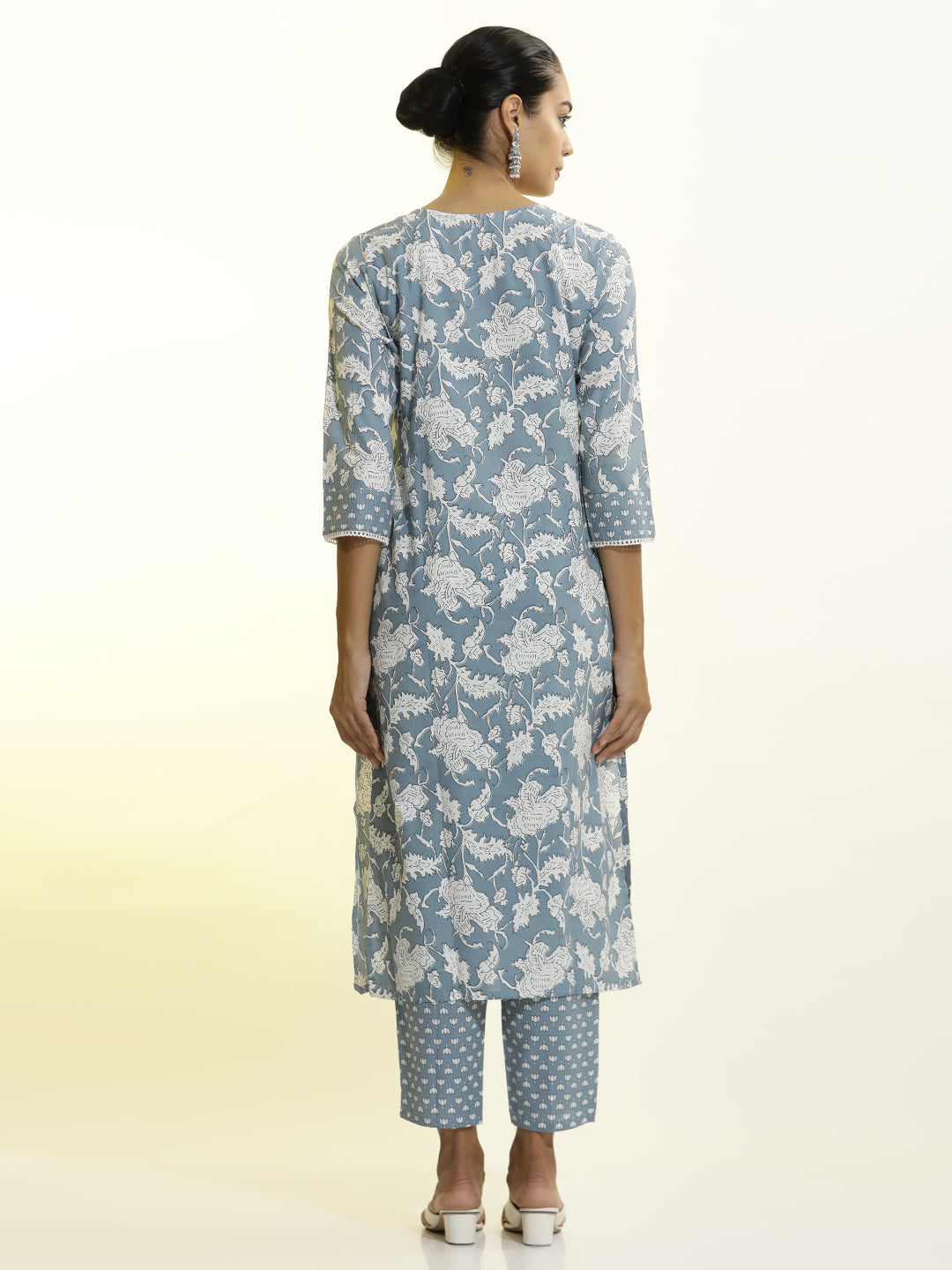 Grey Cotton Printed Straight Kurta Set