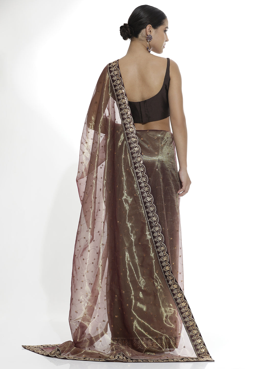 Brown Sequin Embroidered Net Party Wear Saree