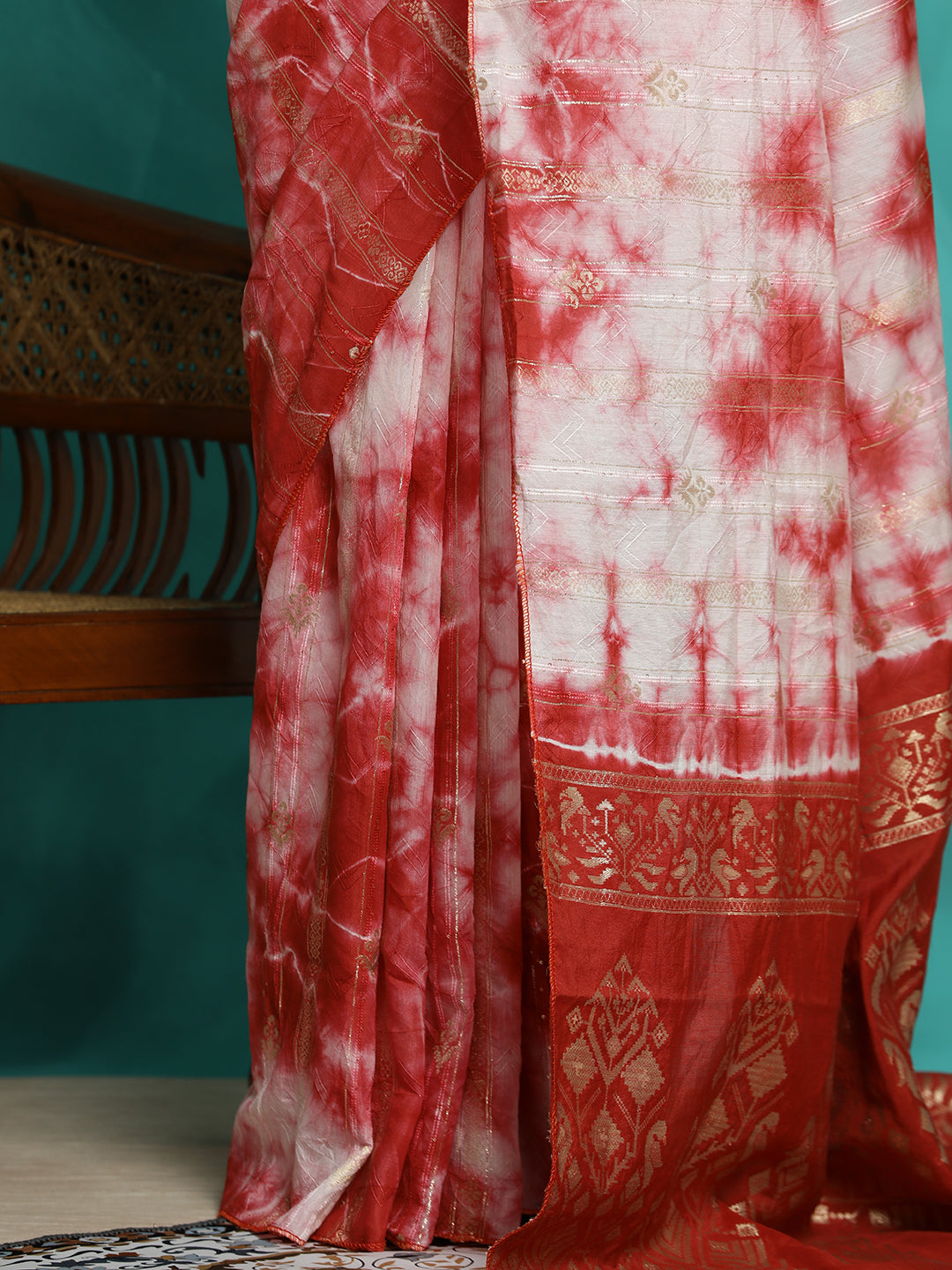 Tie-Dye Cotton Blend Red Banarasi Saree