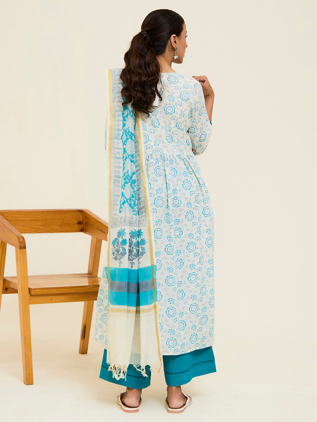 Turquoise Cotton Handblock Printed Kurta With Palazzo And Dupatta