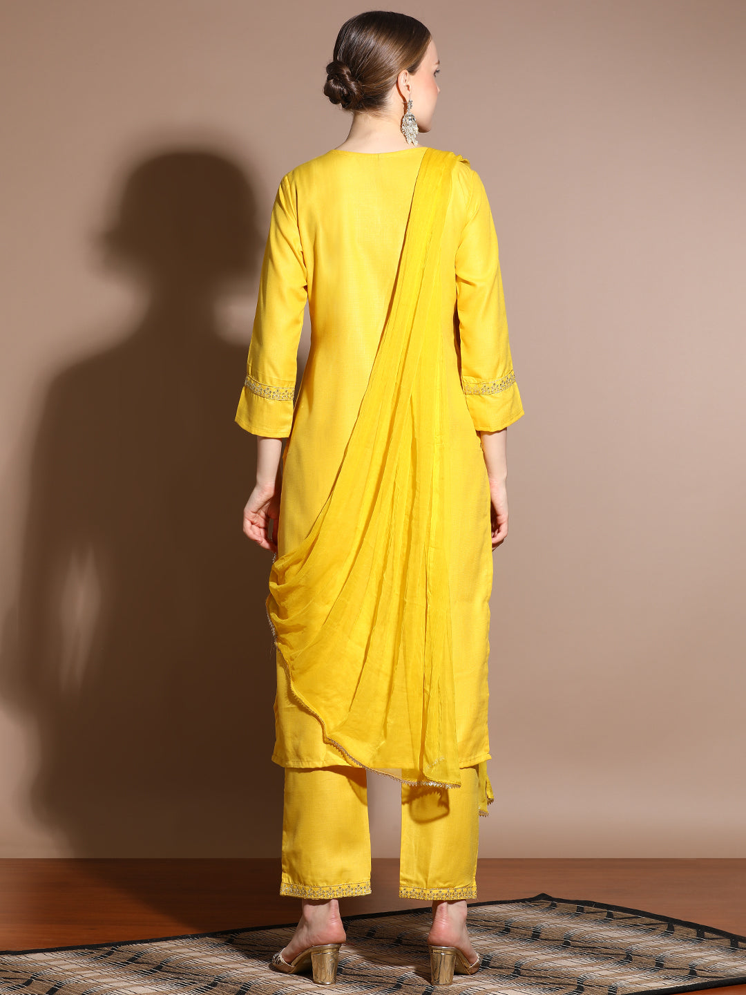 Yellow Embroidered Cotton Blend Kurta Set With Dupatta