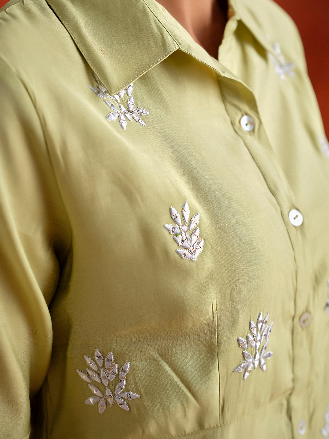 Lime Green Mirror Work Viscose Chanderi A-line Kurta