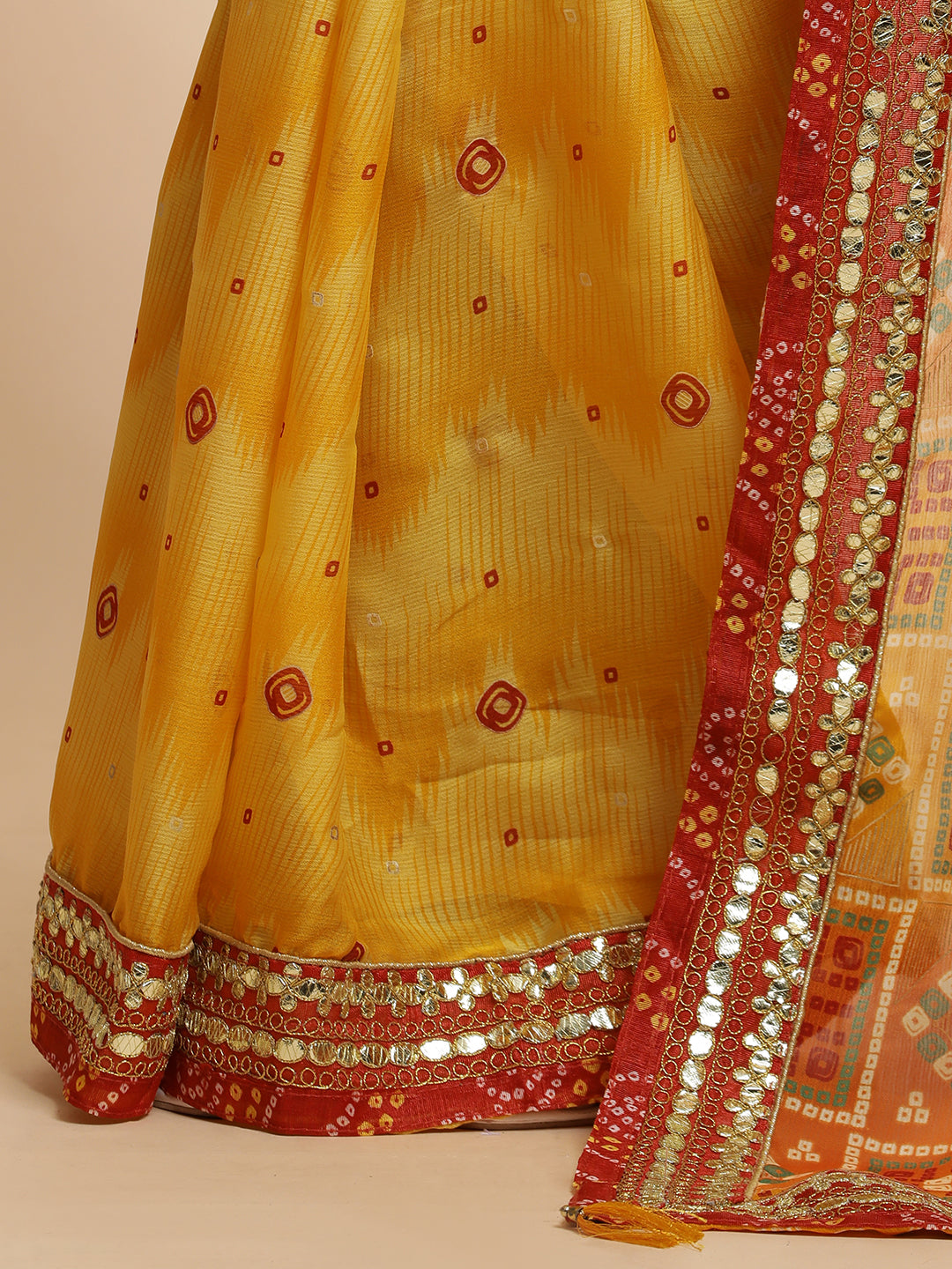 Festive Yellow Bandhani Embroidered Pure Georgette Saree