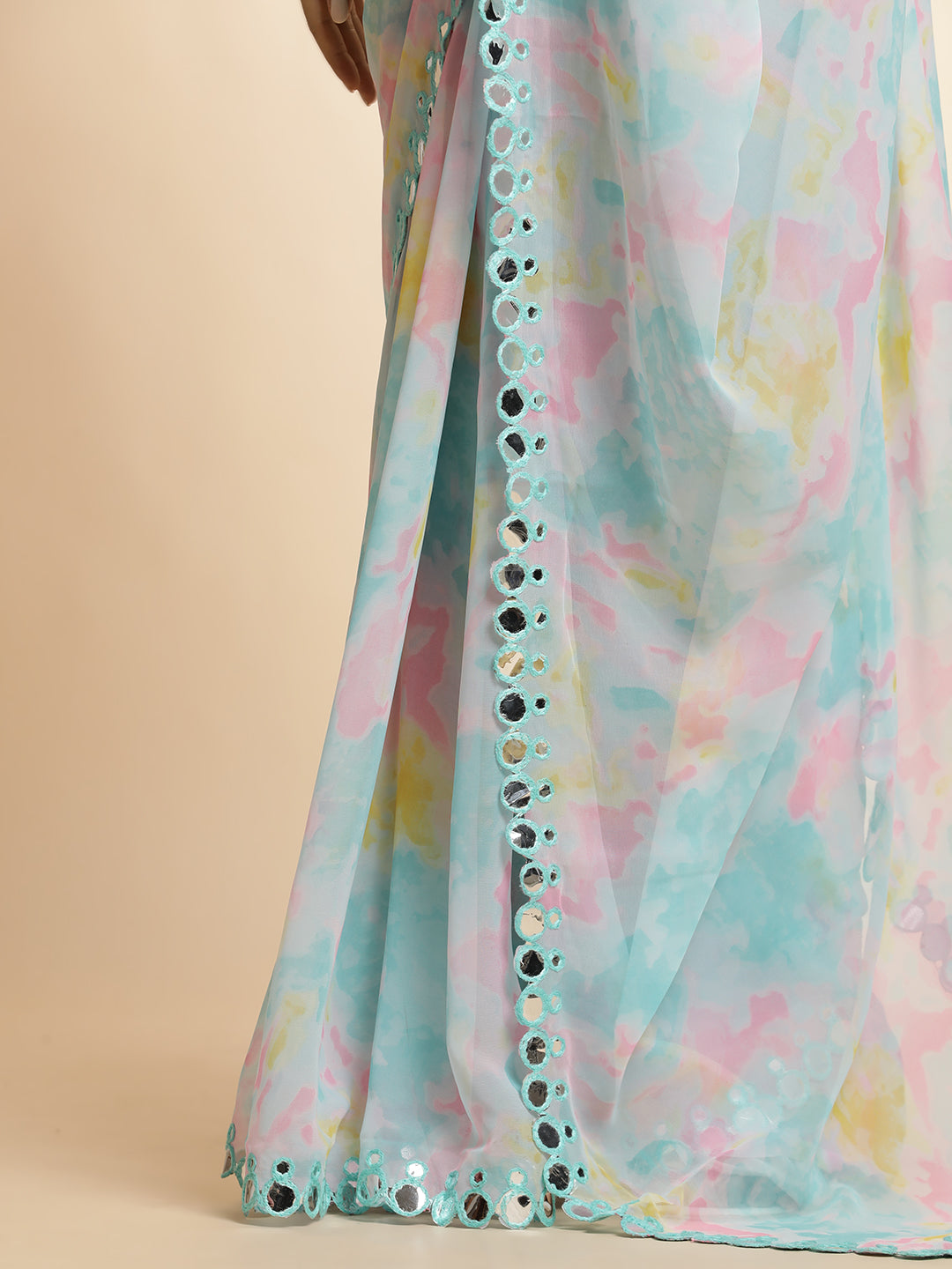 Sky Blue Tie-Dye Mirror Work Pure Georgette Saree