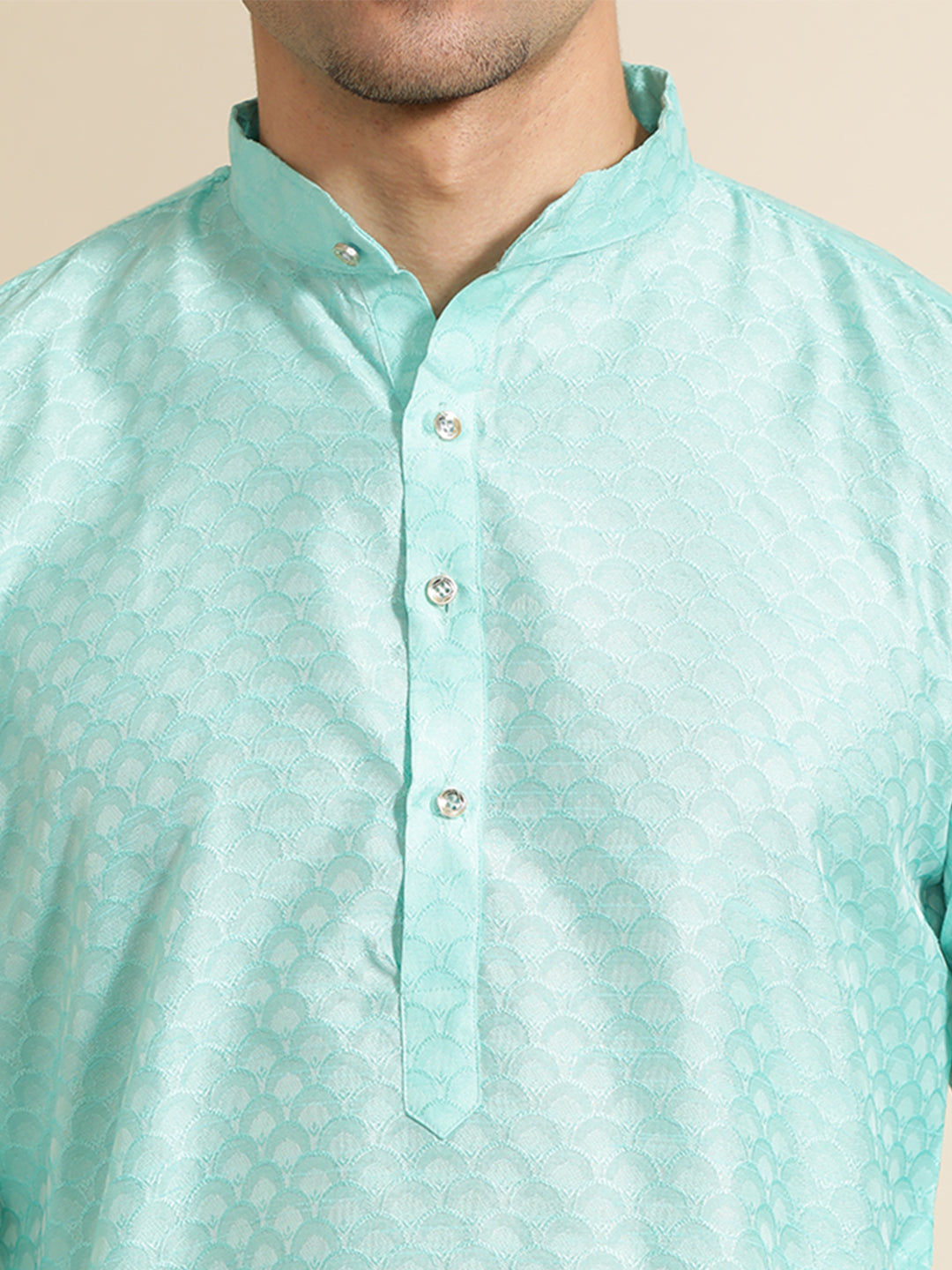 Sea Green Silk Blend Kurta With Woven Design Nehru Jacket Set