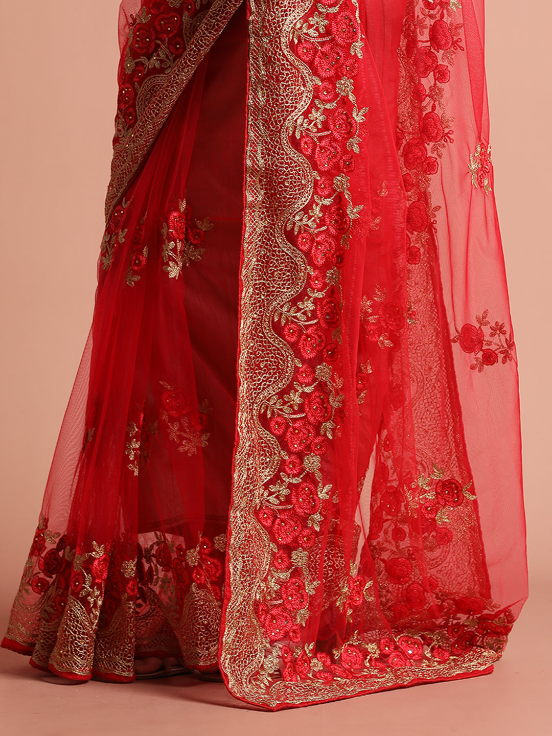 Floral Embroidered Net Party Wear Red Saree