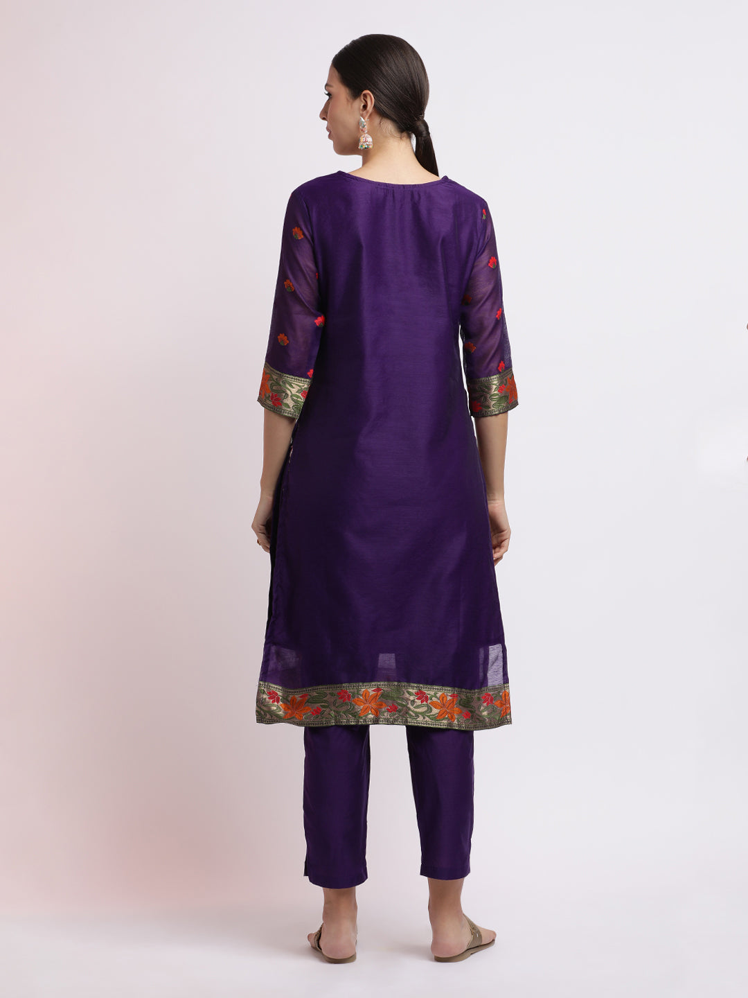 Purple Embroidered Jacquard Kurta Set With Dupatta