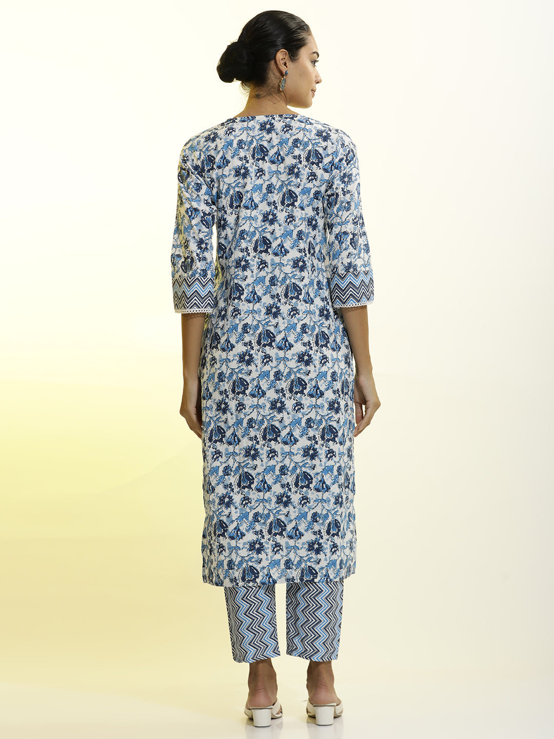 Floral Printed Cotton Blend Blue Kurta Set