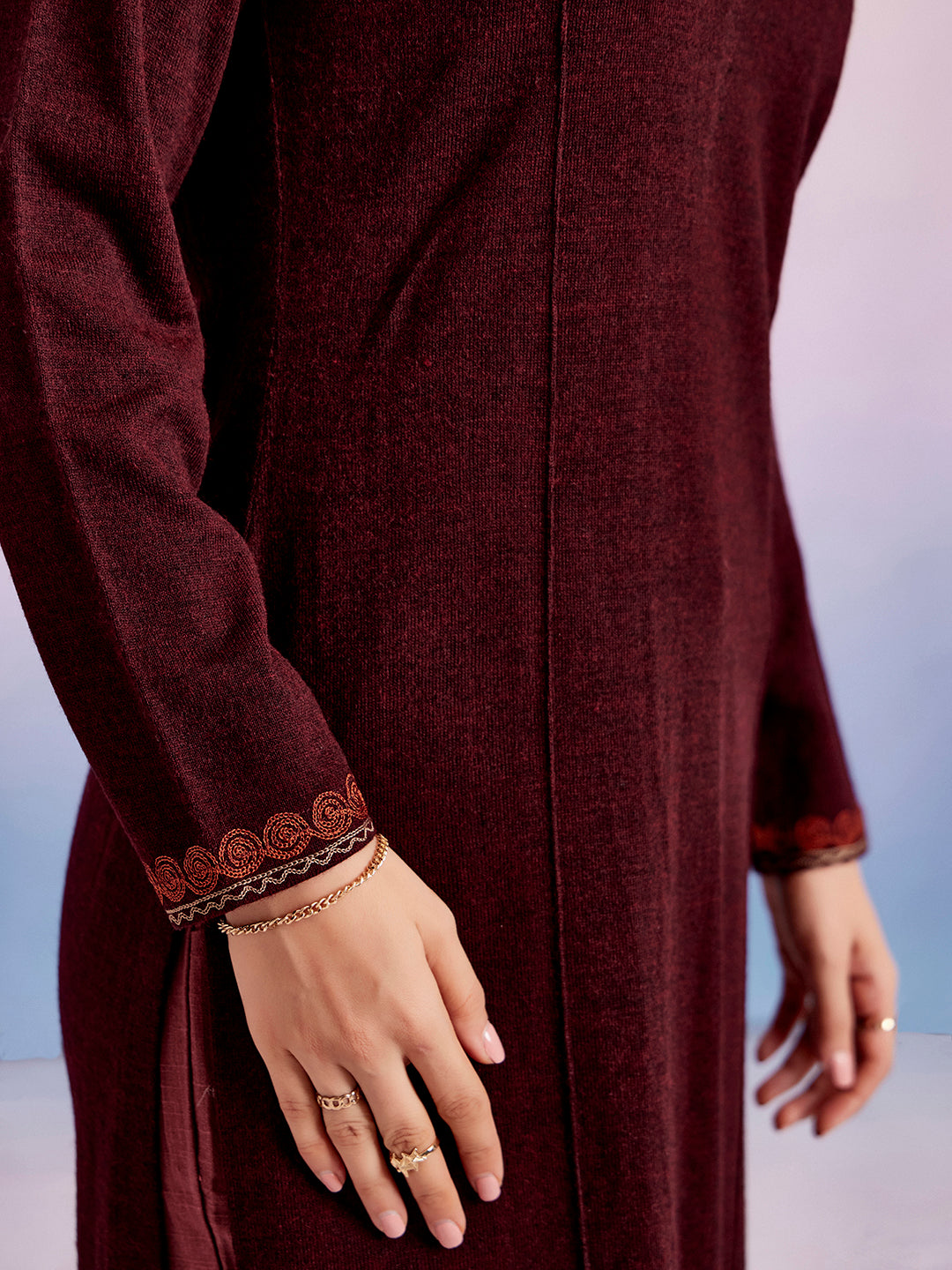 Maroon Embroidered Woolen Straight Kurta