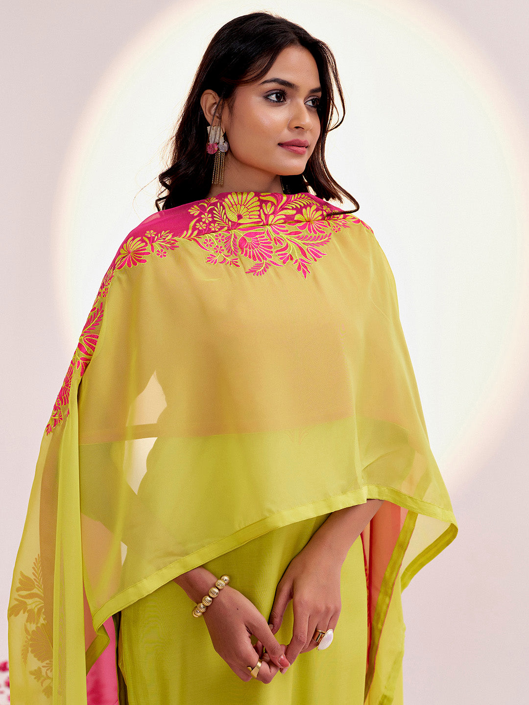 Lime Green Resham Embroidered Festive Kurta Set With Dupatta