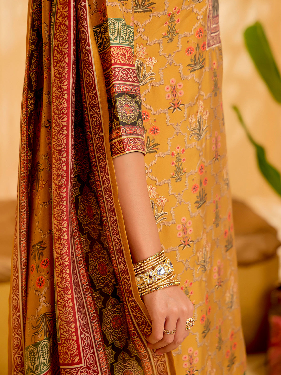 Mustard Embellished Ethnic Printed Festive  Kurta Set With Dupatta